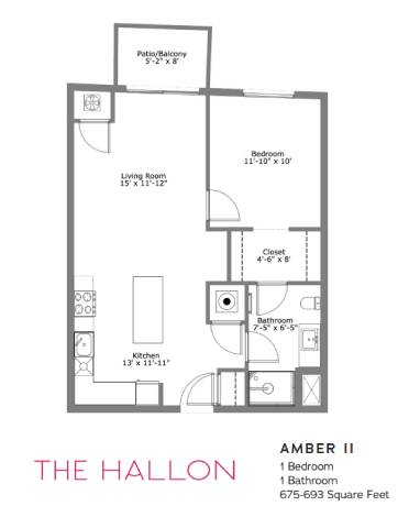 A floor plan for a one bedroom apartment with a living room, kitchen, bathroom and closet.