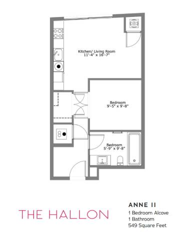 A floor plan of a one bedroom apartment with a living room and two bedrooms.