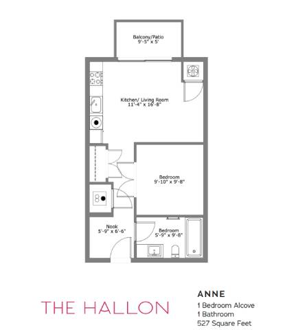 A floor plan of a one bedroom apartment named Anne.