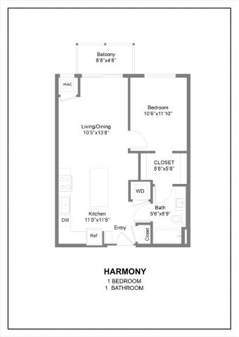 A floor plan of a home with a living room, dining room, kitchen, and two bathrooms.