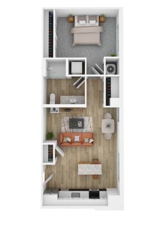 A top-down view of a small apartment with a bedroom, living room, kitchen, and bathroom.