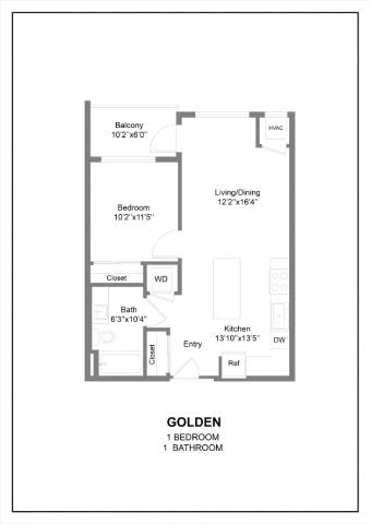 A floor plan of a Golden apartment with 1 bedroom and 1 bathroom.