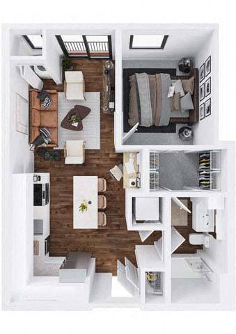 A top-down view of a small apartment with a kitchen, living room, and bedroom.