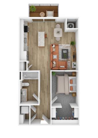 A top-down view of a small apartment with a kitchen, living room, and bedroom.