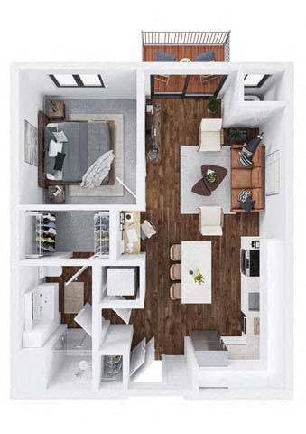 A top-down view of a small apartment with a kitchen, living room, and bathroom.