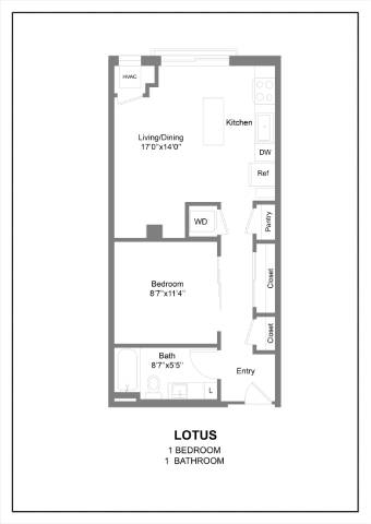 A floor plan of a one bedroom, one bathroom apartment.
