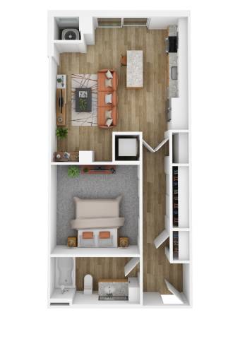 A top-down view of a small apartment with a bedroom, living room, and kitchen area.