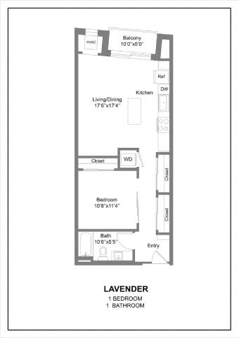 A floor plan of a one bedroom lavender apartment.