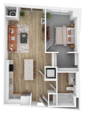 A top-down view of a small apartment with a living room, kitchen, and bathroom.