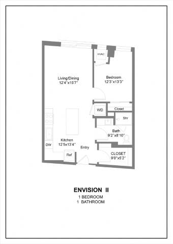 A floor plan for a home with a living/dining area, two bedrooms, a kitchen, bathroom, and closet.
