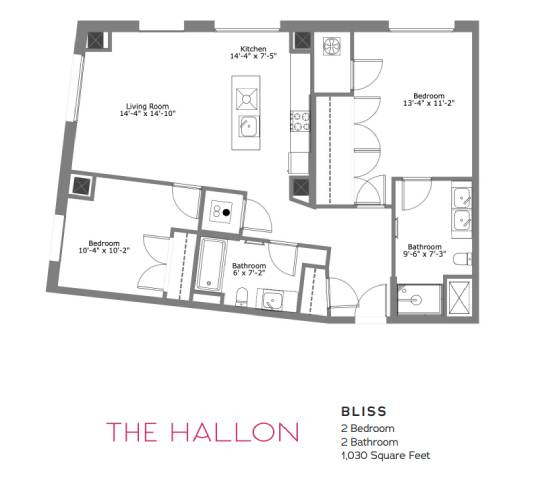A floor plan of a home named "The Hallon" with a kitchen, living room, and two bedrooms.