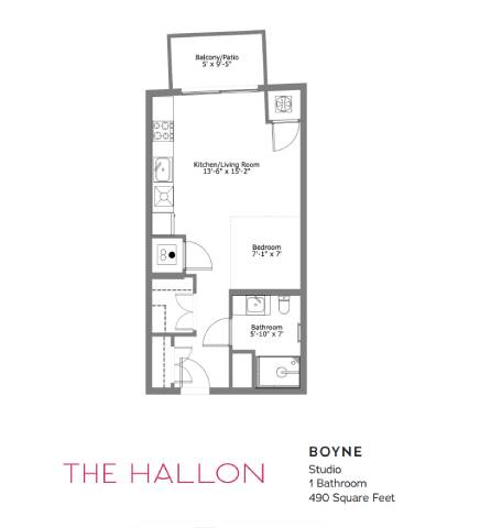 A floor plan for a property called The Hallon, with a studio, bathroom, and living room.