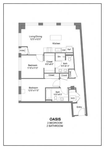 A black and white image of a floor plan for a home with two bedrooms and two bathrooms.