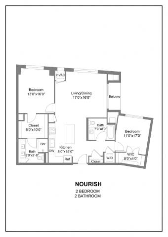 A black and white image of a floor plan for a Nourish apartment.