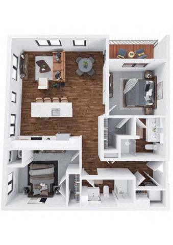 A white model of a house with a kitchen, living room, and two bedrooms.