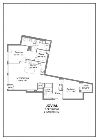 A floor plan of a property with two bedrooms and two bathrooms.