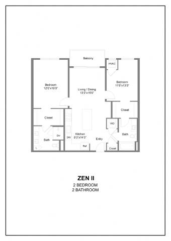 A floor plan of a ZEN II apartment with two bedrooms and two bathrooms.
