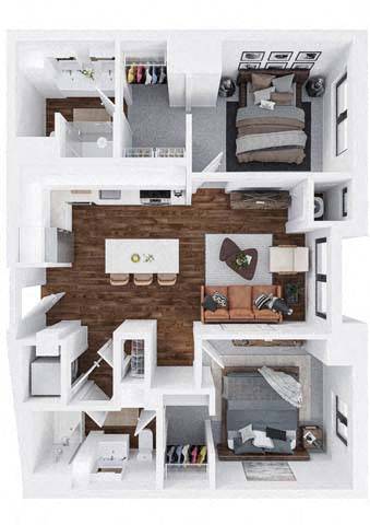 A white model of a house with a living room, kitchen, and bedrooms.