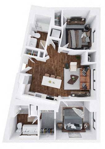 A top-down view of a small apartment with a living room, kitchen, and bedroom.