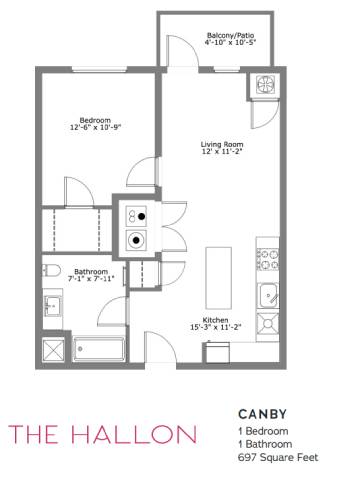 A floor plan of a one bedroom, one bathroom apartment.