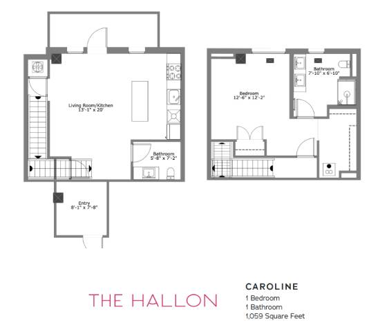 A floor plan for a one bedroom apartment named Caroline at The Hallon.