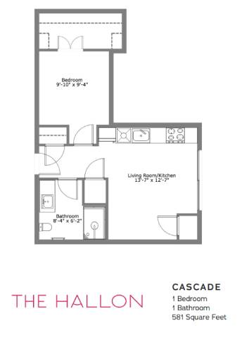 A floor plan of a house with a living room, kitchen, and two bathrooms.