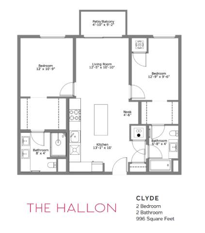 A floor plan of a two bedroom apartment with a total area of 996 square feet.
