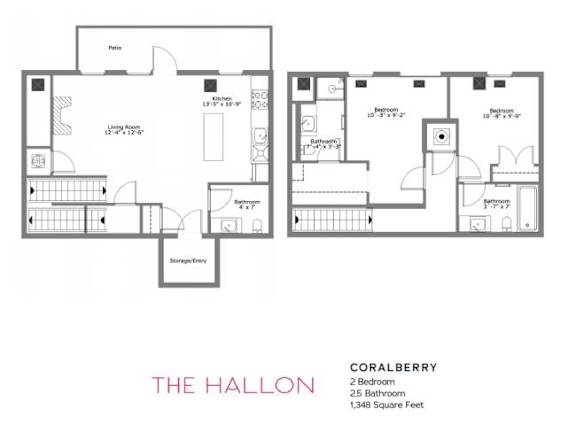 A floor plan of a two bedroom, 2.5 bathroom apartment at The Hallon in Coralberry.
