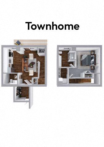 Two images of a townhome layout with a kitchen and living room.