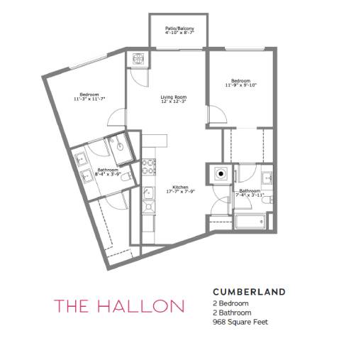 A floor plan of a house named "The Hallon" with a total area of 968 square feet.