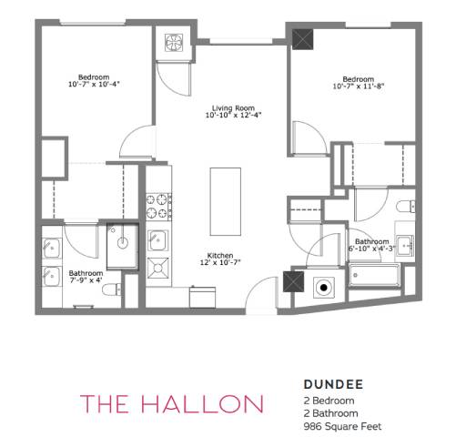 A floor plan of a two bedroom, two bathroom apartment in Dundee.