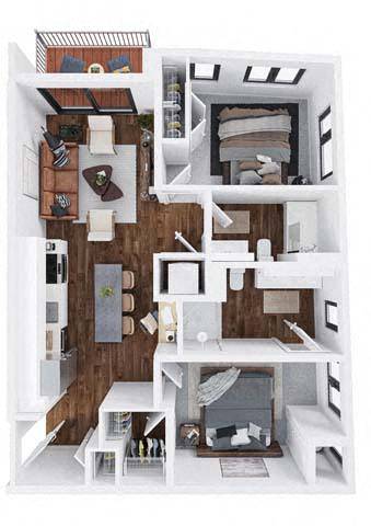 A white model of a house with a kitchen, living room, and bedrooms.