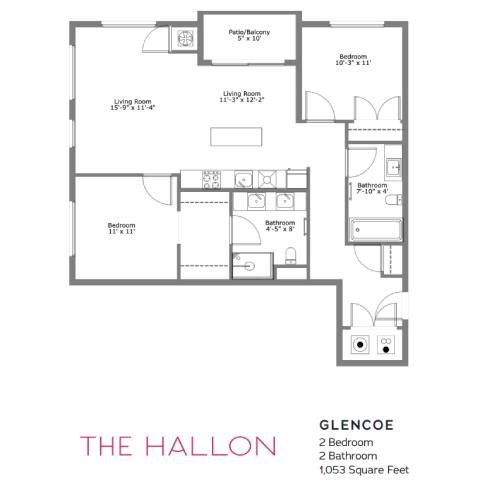 A floor plan of a house named The Hallon with 2 bedrooms and 2 bathrooms.