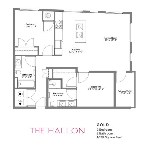 A floor plan of a home named "The Hallon" with a living room, two bedrooms, two bathrooms, and a kitchen.