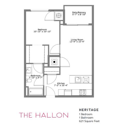 A floor plan of a one bedroom, one bathroom apartment.
