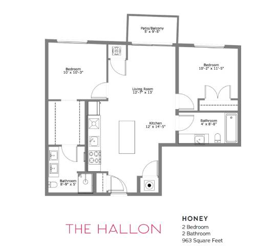 A floor plan of a house named "The Hallon" with a total area of 963 square feet.