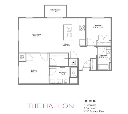 A floor plan of a two bedroom apartment with a living room, kitchen, and bathrooms.