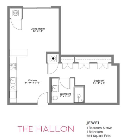 A floor plan of a one bedroom apartment with a living room, kitchen, bathroom and bedroom.