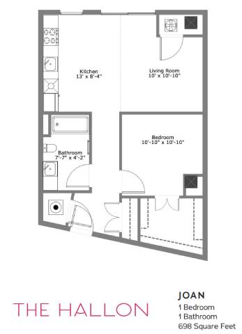 A floor plan of a one bedroom apartment named Joan.