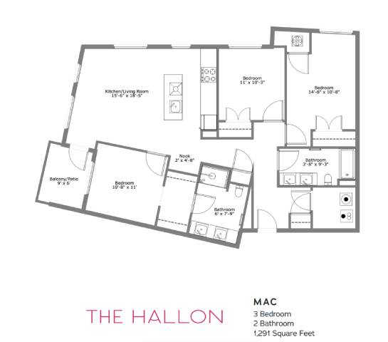 A floor plan of a home with three bedrooms and two bathrooms.