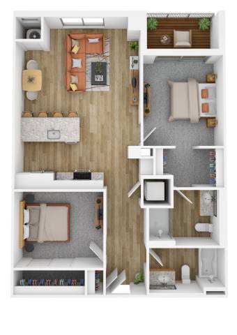 A top-down view of a small apartment with a kitchen, living room, and bedroom.