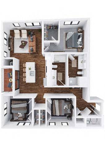 A top-down view of a house layout with a kitchen, living room, and bedrooms.