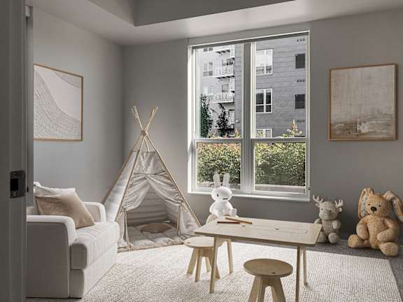 A child's room with a teepee, a white rabbit, and a teddy bear.