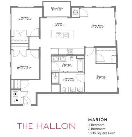 A floor plan of a 3 bedroom, 2 bathroom apartment with a living room and balcony.