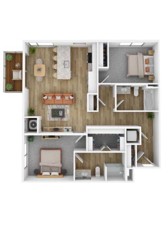 A top-down view of a small apartment with a living room, kitchen, and bathroom.