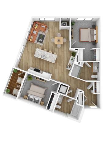 A top-down view of a house layout with a living room, dining room, kitchen, and two bedrooms.