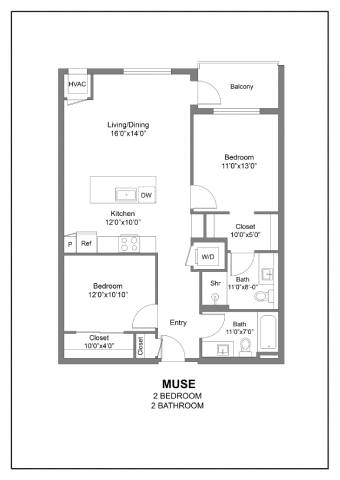 A floor plan of a house with two bedrooms, a living area, a kitchen, a bathroom, and a balcony.