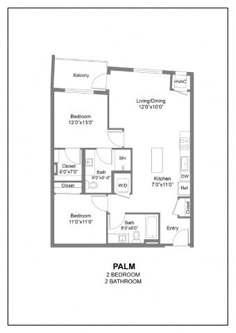 A black and white image of a floor plan for a home with two bedrooms, two bathrooms, a living room, a kitchen, and a baboon.