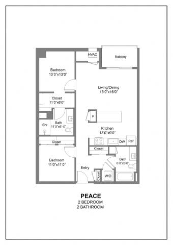 A floor plan of a home with two bedrooms, two bathrooms, and a living/dining area.