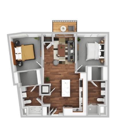 A 3D floor plan of a small apartment with two bedrooms and a living area.